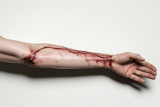 Deep and bloody wound is showing blood running down arm and hand against a white background, depicting concepts of injury, accident, violence, and medical care
