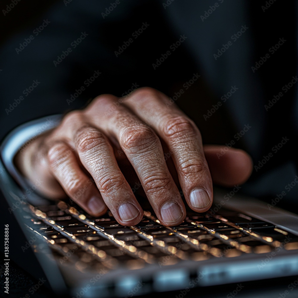 Poster hands typing swiftly on a modern laptop keyboard during focused digital work session