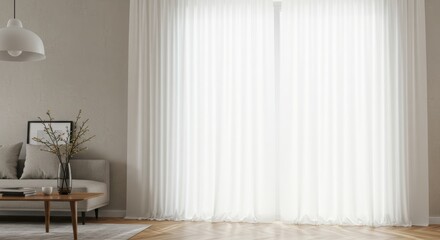 Bright airy living room with sheer white curtains for filtering natural light