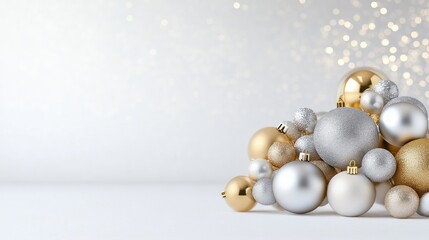 Silver and Gold Ornaments Festive Sparkling Style High-Resolution Photography Wide Angle Shot Gleaming Textures Holiday Decoration Bokeh Background Elegant Luxury Ideal for Winter Promotions
