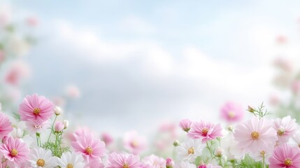 Fototapeta premium Delicate pink and white cosmos flowers bloom in the foreground, creating a soft, romantic border against a blurred sky backdrop. The image features a shallow depth of field, highlighting the flowers