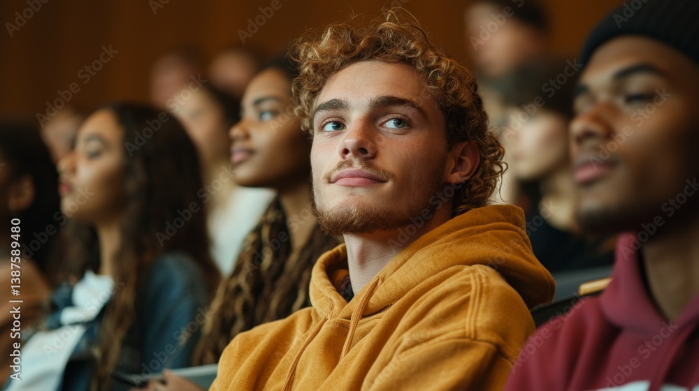 Poster diverse students engaged in university lecture hall with professor presenting on large screen