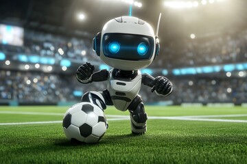 A robot playing soccer, with a cute character design and a cinematic feel