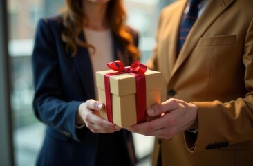 Caucasian adults exchanging gift box indoors with red ribbon bow