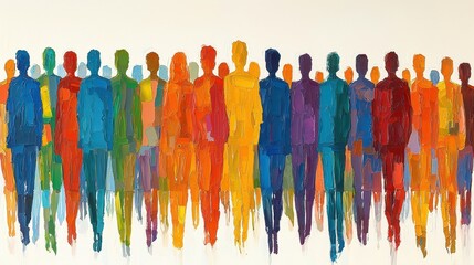 Obraz premium A dynamic, abstract tableau of countless figures, each rendered in vibrant hues, forming a generative AI artwork, capturing the energy and creativity of the digital age. 