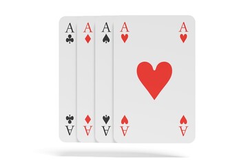 Four aces playing cards straight row over white background