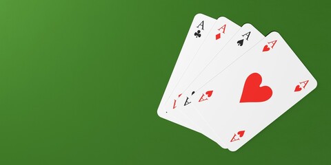 Four aces playing cards overlapping on green felt background with copy space, flat lay top view from above