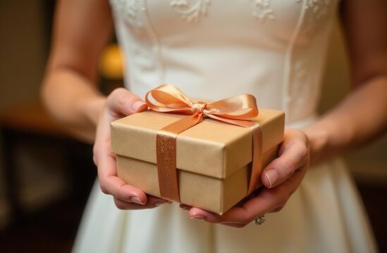 Female hands holding wrapped gift box with orange ribbon on wedding day