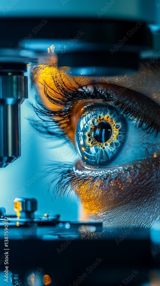 Aufkleber close-up view of an eye observing through a microscope lens in a laboratory setting during scientifi