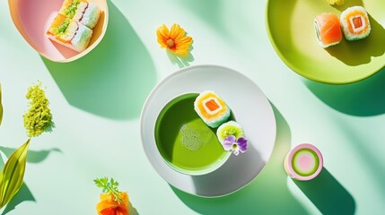 Playful Japanese tea ceremony: matcha and traditional sweet uramaki, vibrant green matcha, colorful uramaki rolls, bright clean bowl and plate, minimal decor.