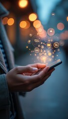 A close-up of a hand holding a smartphone, surrounded by a magical burst of glowing social media icons. This captivating image illustrates the power of digital connectivity, showcasing how technology