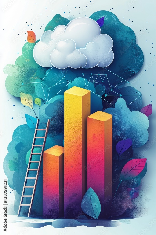 Aufkleber ladder reaching towards cloud icon above a growing bar chart representing aspirations for business s