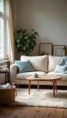 This inviting living room features a soft, light-colored sofa adorned with plush cushions, complemented by a chic coffee table. The warm atmosphere is enhanced by natural light streaming through the