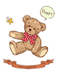 水玉模様のリボンをつけたテディベアのイラスト 白い背景 ベクター あしらい