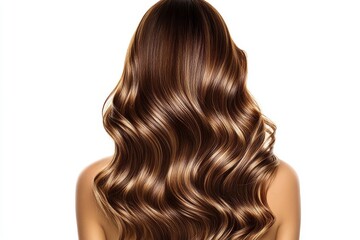 Naklejka premium Woman's back view showcasing luxurious brown hair with highlights and curls. 