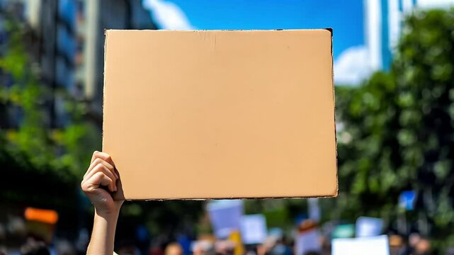 An woman holds large cardboard sign in front of his, holding it straight out to the side and facing forward, where there is another group gathered for a protest or rall