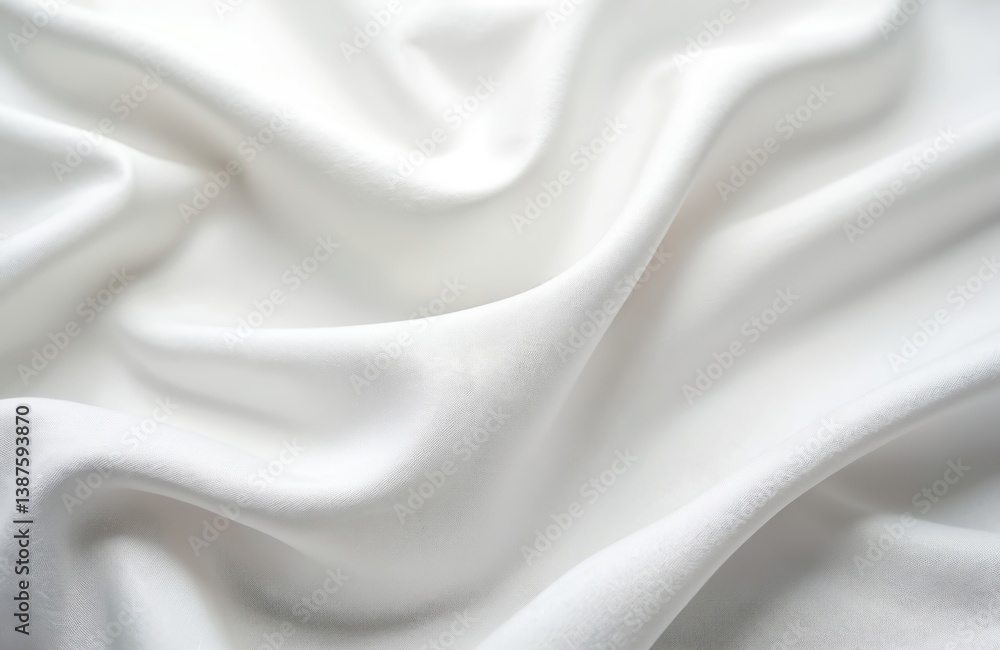 Poster White fabric background. Smooth waves, folds, curves create flowing textile pattern. Polyester material clean, empty, luxury looking. Silk, satin effect, fashionable clothing texture, wallpaper
