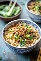 Delicious Spicy Noodles with Ground Meat and Green Onions
