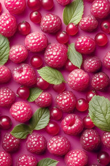 Fresh Raspberries and Red Currants Close-up on a Pink Background
