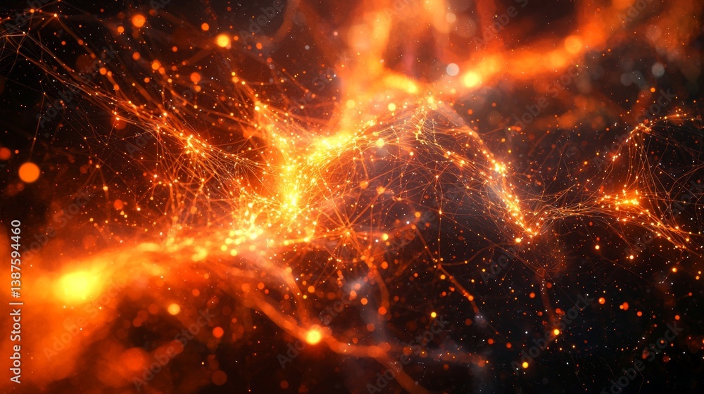 Poster complex glowing network of interconnected lines and nodes against a dark futuristic backdrop
