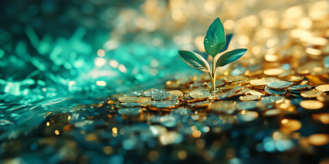 Green sprout emerges from pile of gold coins, set against teal backdrop.  Image symbolizes growth, investment, financial success and wealth