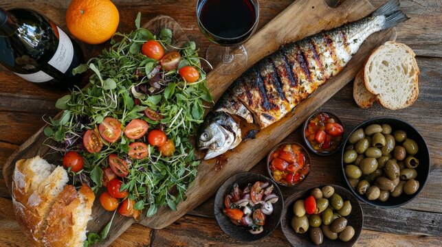 Rustic wooden table adorned with vibrant Mediterranean feast including grilled fish, salads, olives, bread, and wine
