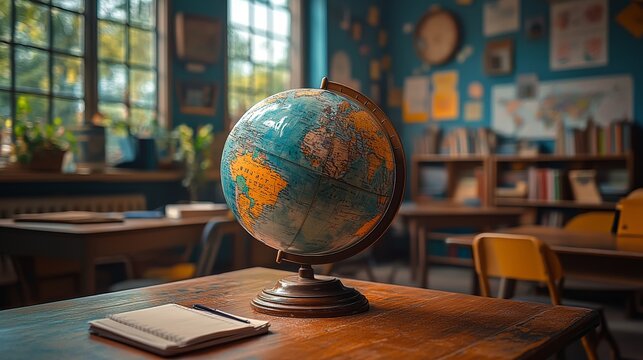 Globe on desk in classroom studying geography world map school education learning knowledge exploration travel