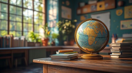 Globe on desk in study room with books and window light for education and geography learning concept