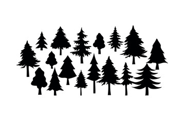 Obraz premium Black silhouette of multiple pine trees against a white background, ideal for nature themed illustrations