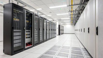 Rows of server racks in a spacious data center facility with raised flooring and overhead cable trays.
