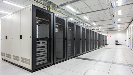 Interior of a large server room featuring numerous enclosed cabinets for computing infrastructure and data storage.