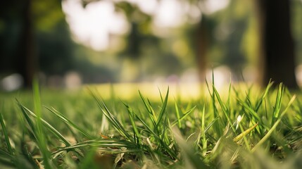 Obraz premium Close-up view of the beautiful green meadows in the park, with a blurred background providing ample room for reproduction. The photo is of high quality, with cinematic lighting, and cinematic detail