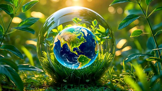 Glass globe representing Earth nestled in vibrant green foliage symbolizing ecology