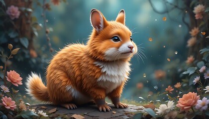 Fototapeta premium Ginger Rodent Sitting in a Flower Garden, Looking Thoughtfully