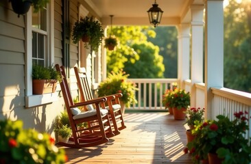 Cozy sunlit porch with wooden rocking chairs and lush greenery