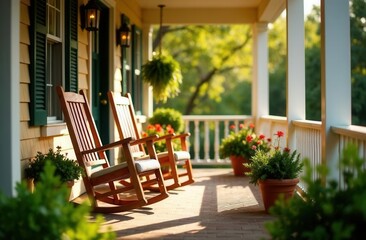 Charming front porch with wooden rocking chairs and vibrant potted plants in sunlit garden
