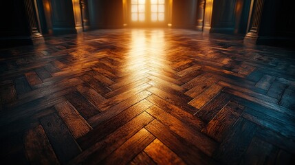 A seamless expanse of rich, warm wood parquet, its intricate grain pattern a symphony of brown and gold, forming a timeless wooden background texture, inviting touch and inspiration. 