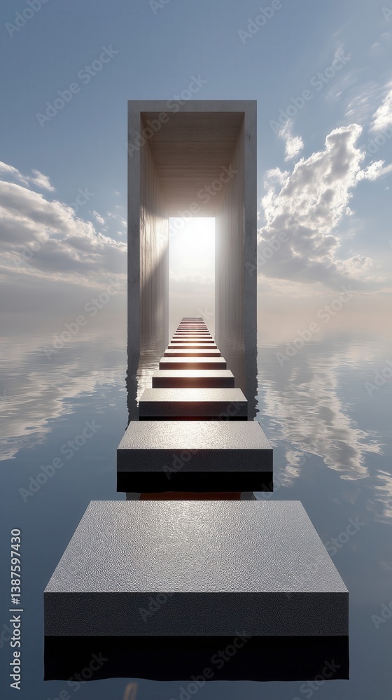 Poster a surreal pathway leads through a modern archway over a calm reflective surface, illuminated by brig