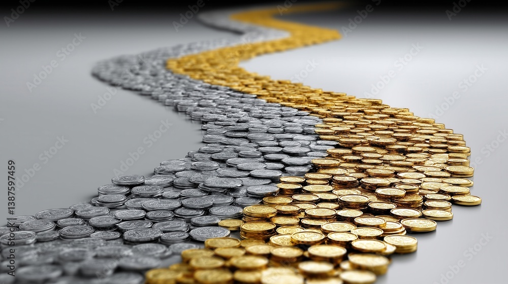Poster a winding path made from silver and gold coins, creating a visually striking pattern that symbolizes