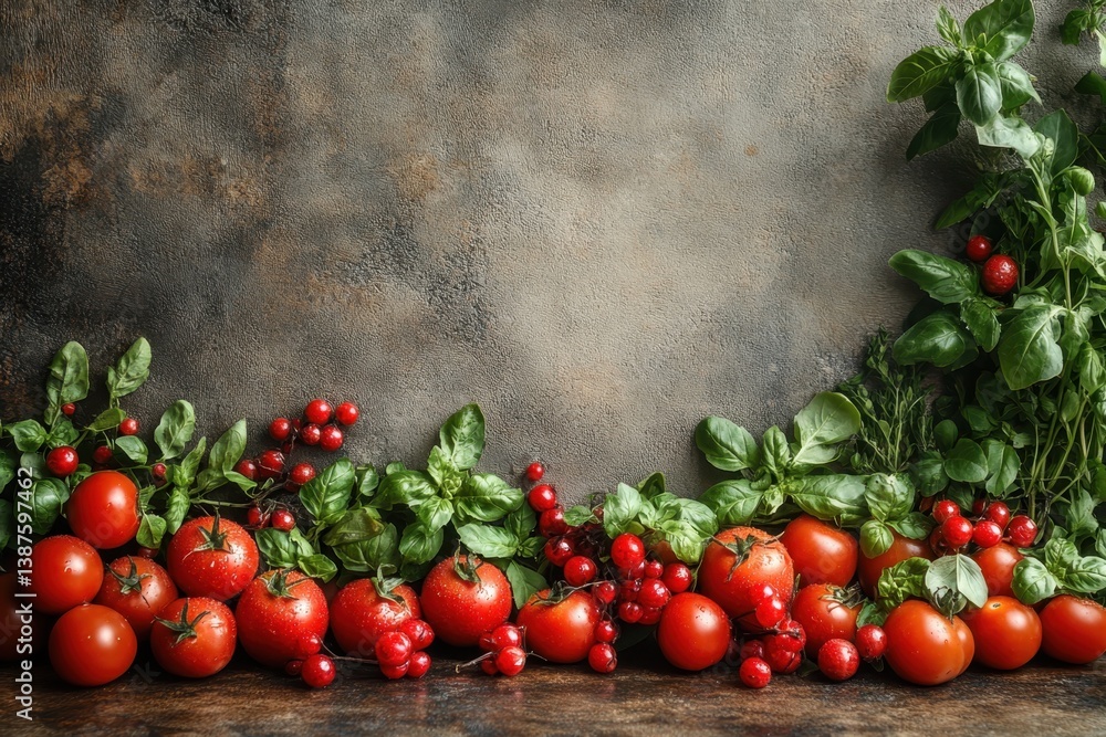 Poster fresh tomatoes and basil leaves arranged on a rustic wooden surface with a textured backdrop