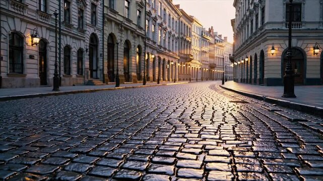 AI-generated of a quiet, empty European cobblestone road with architectural buildings in golden hour