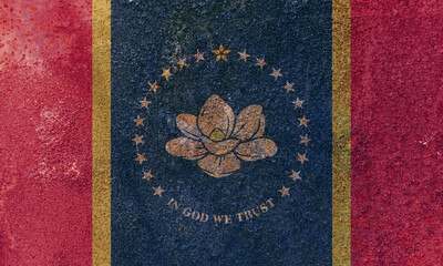Mississippi State Flag. Dirty Mississippi state flag on rusty metal surface.