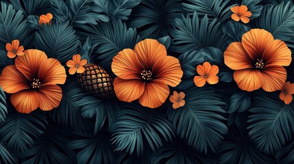 A seamless pattern of vibrant, vintage tropical flowers, adorned with a playful pineapple motif, rendered through the power of Generative AI, offering a captivating and eye-catching design for 