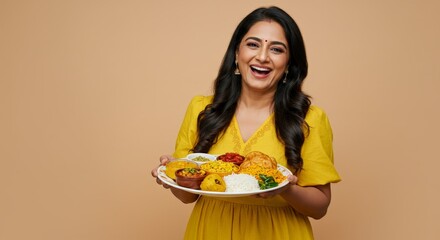 Happy Woman Holding a Plate of Indian Food