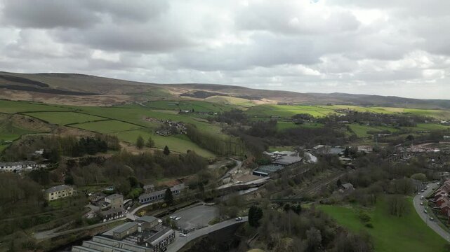 Aerial view of the Todmorden town in the Upper Calder Valley in Calderdale, West Yorkshire, England
