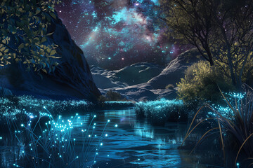 A serene fantasy valley filled with glowing bioluminescent plants and a gently flowing river under a starlit sky.