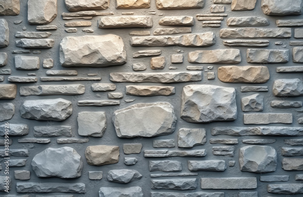 Poster Grey stone wall texture background with rough surface. Various sized stones creates abstract pattern, perfect for construction, architecture, exterior design. Texture, material details.