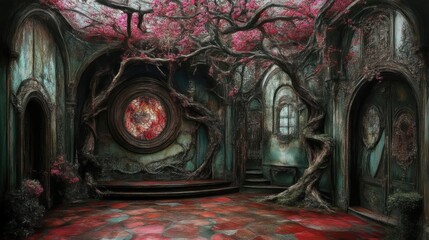 Enchanted, ornate interior with overgrown, vibrant pink blossoms and dark, twisted tree branches.  A circular window features intricate details