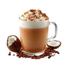 Coconut Cream Latte with Whipped Cream and Nuts Isolated on Transparent Background