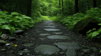 Fototapeta premium A paved path winds through a lush, green forest. Damp stones and vibrant foliage